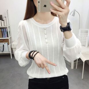 时尚雪纺拼接针织衫上衣女春秋新款宽松薄款冰丝镂空长袖打底小衫