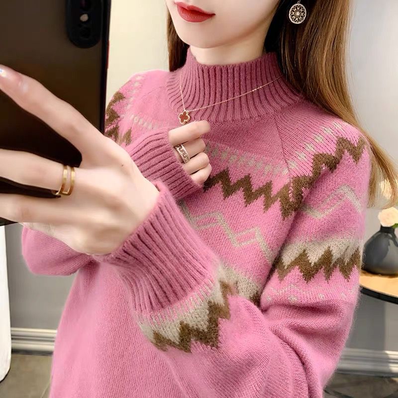 秋冬半高领复古针织时尚保暖毛衣