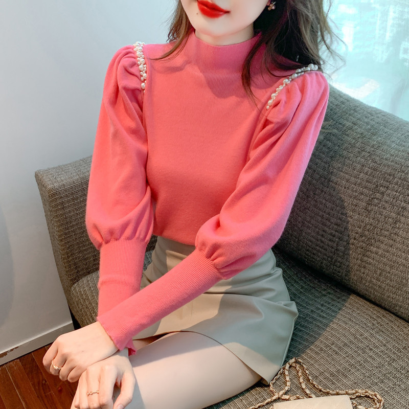 洋气钉珠半高领针织衫上衣女秋冬新款设计感小众内搭短款打底毛衣