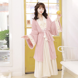 素睡衣睡袍长款 明制汉元 加厚国风家居服四件套女冬 枕花行 原创