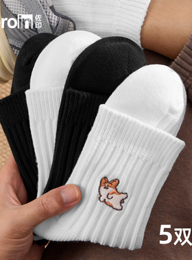 佐印男士夏季粗线吸汗防臭中筒袜柯基纯棉纱线刺绣日系运动白袜