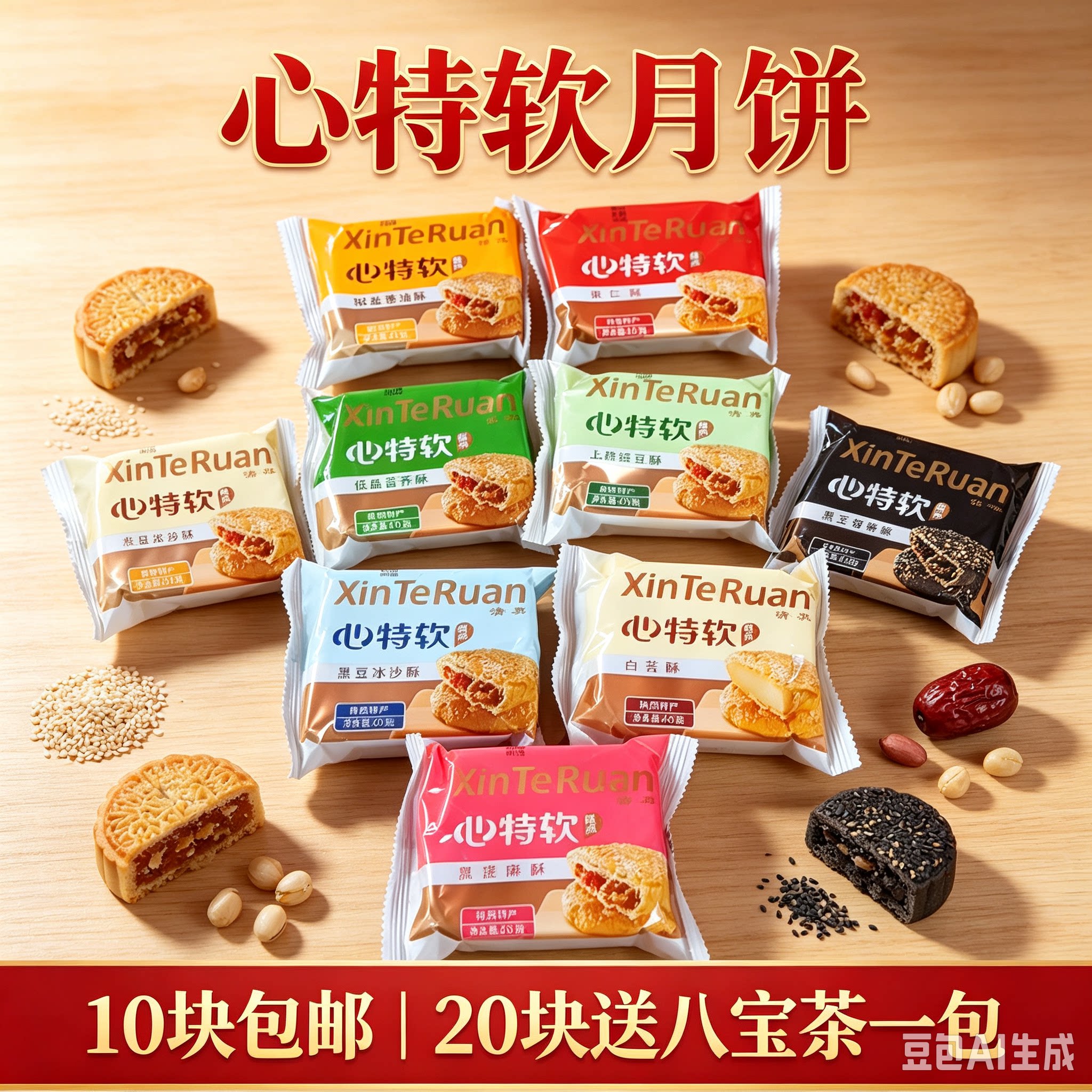 陕西清真月饼心特软果仁酥低糖苦荞酥绿豆黑芝麻多口味混装包邮