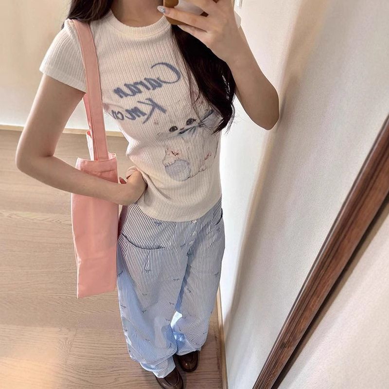 美式甜辣妹猫咪白色正肩短袖T恤女夏季可爱修身显瘦收腰上衣批发