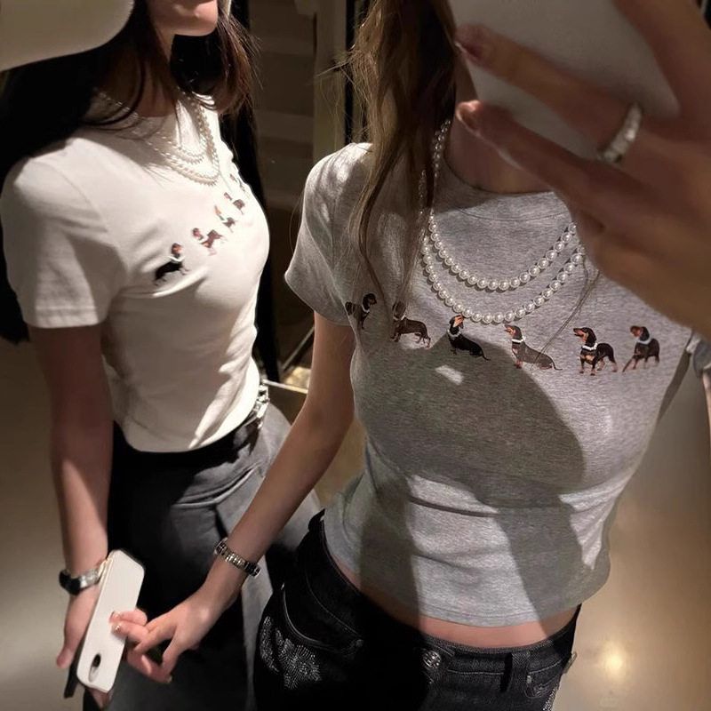 Jennie同款辣肠小狗正肩短袖T恤女爆款夏季修身短款辣妹上衣批发