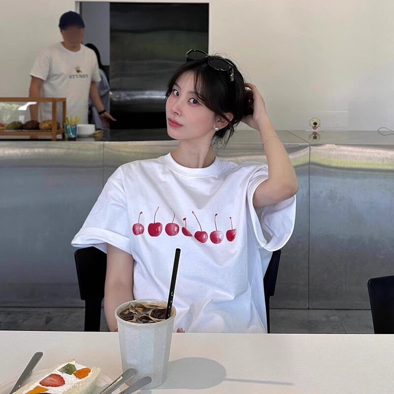 纯棉 ins潮牌减龄樱桃印花短袖T恤女夏季宽松休闲中性风半袖上衣