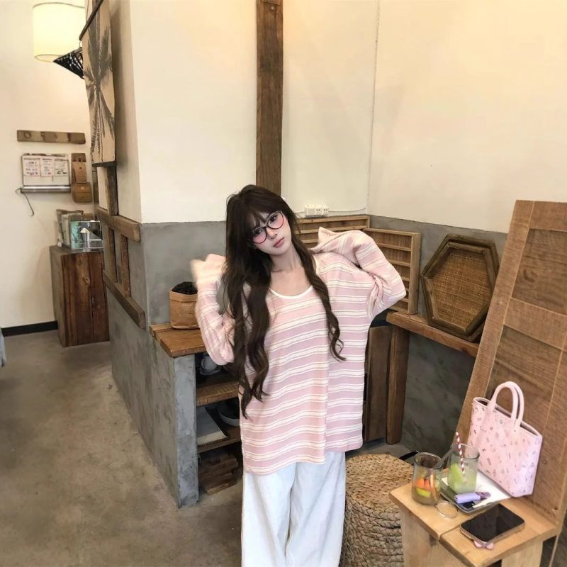 【工厂直销】温柔慵懒风粉色条纹宽松长袖中长款T恤女上衣ins潮