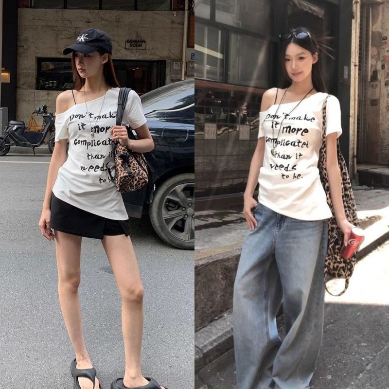 小众短袖T恤女2025新款夏季修身辣妹显瘦白色露肩斜肩上衣女批发