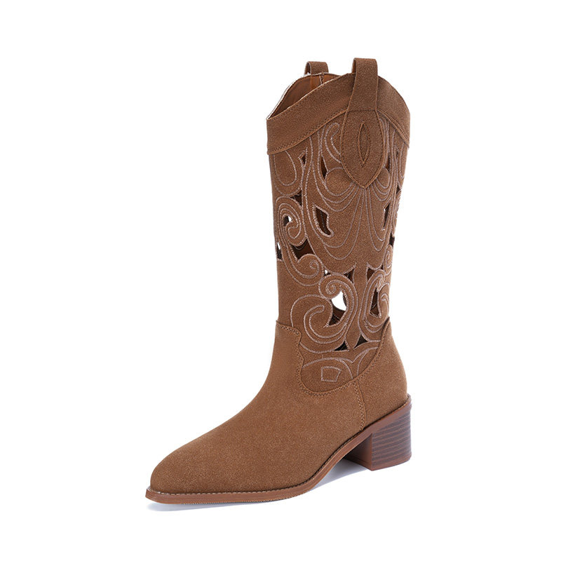 XINJIANG TRAVEL WEAR EMBROIDERED WESTERN COWBOY BOOTS INNER HEIGHTENED SUMMER CUT-OUT THIN BOOTS WOMENS LONG RIDER BOOTS