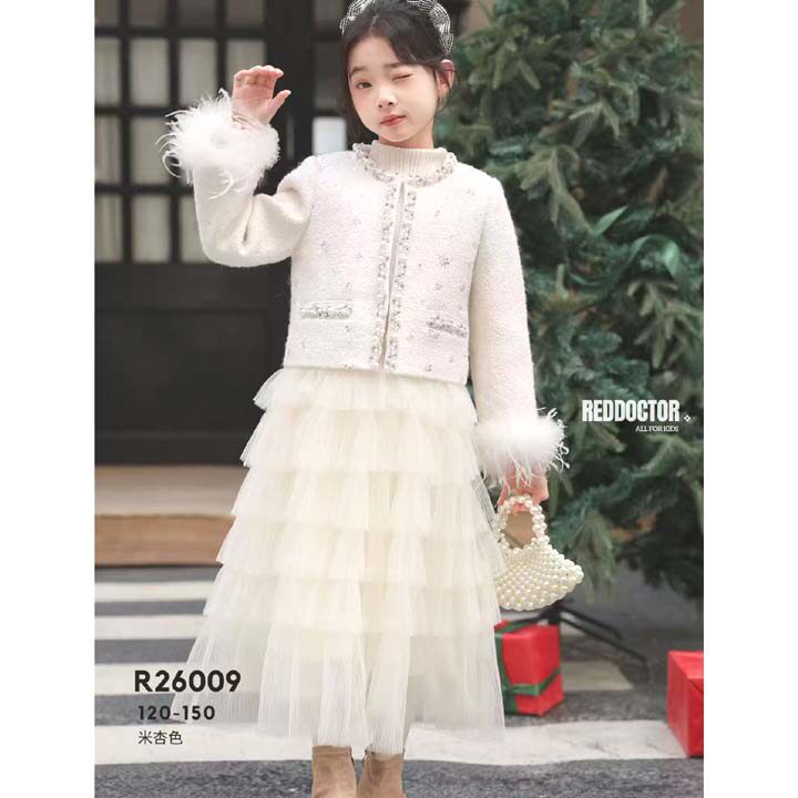 冬季新款红博士童装女童小香风连衣裙子套装洋气蛋糕裙两件套呢子