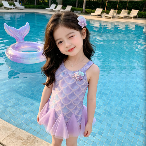 女童美人鱼连体泳衣夏季宝宝网纱公主裙泳装中小童海边度假游泳衣