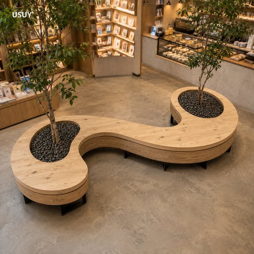 USUY侘寂风实木定制绿植卡座