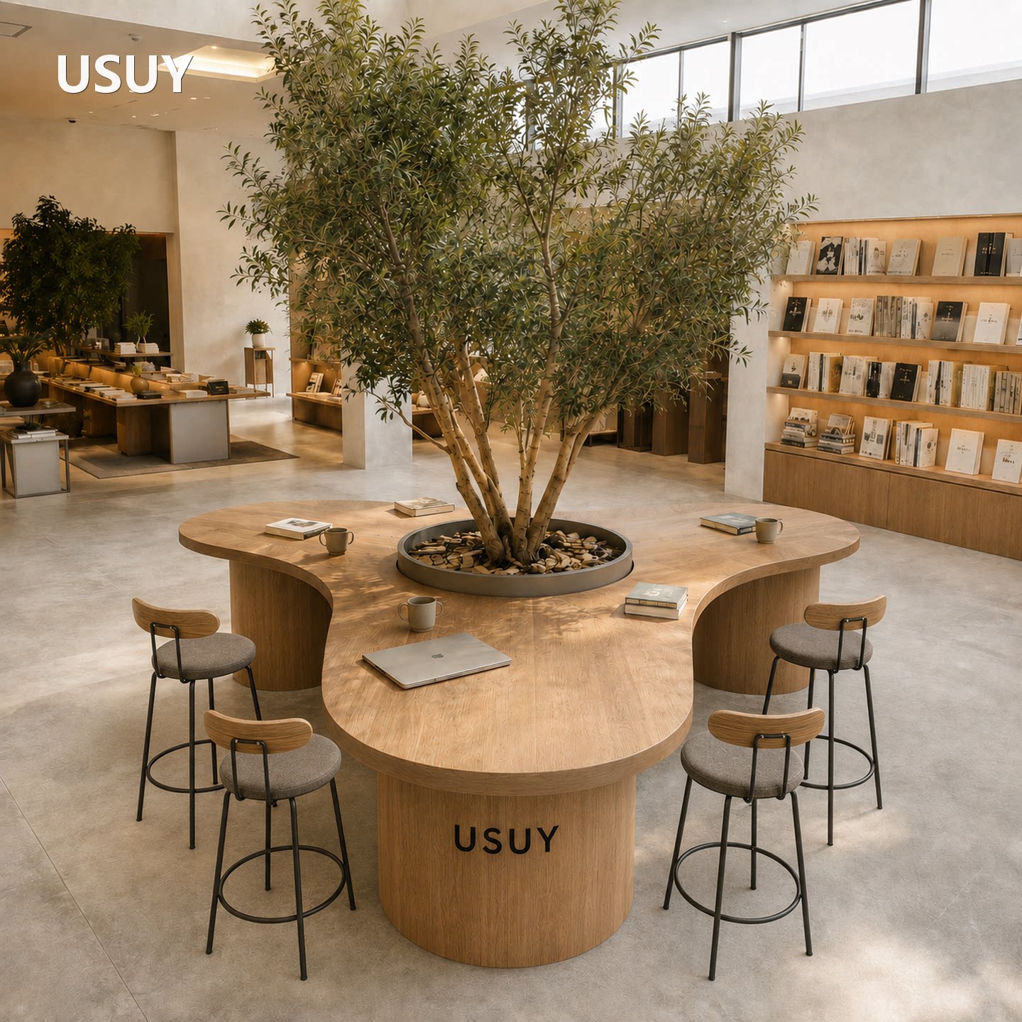 USUY商业定制轻奢风木质圆形卡座咖啡厅书店一体桌椅组合氛围感