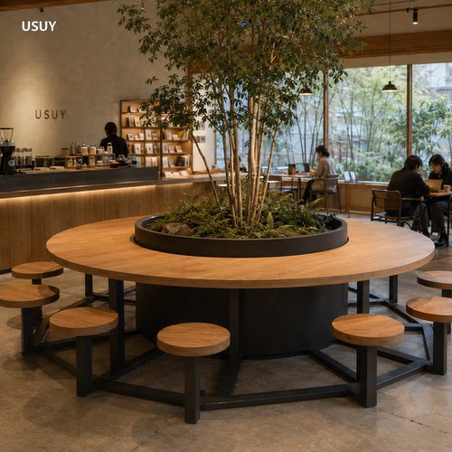 USUY侘寂风木质圆形卡座吧台