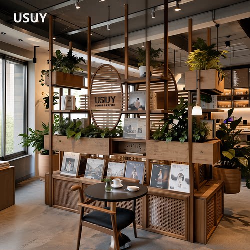 USUY实木屏风隔断多层置物架