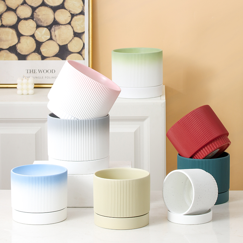 创意渐变素烧陶瓷喷彩花盆种植盆栽条纹直筒透气吸水粗陶土带托盘