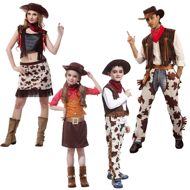万圣节亲子牛仔服衣服化妆舞会服装成人儿童西部牛仔套装情侣家庭