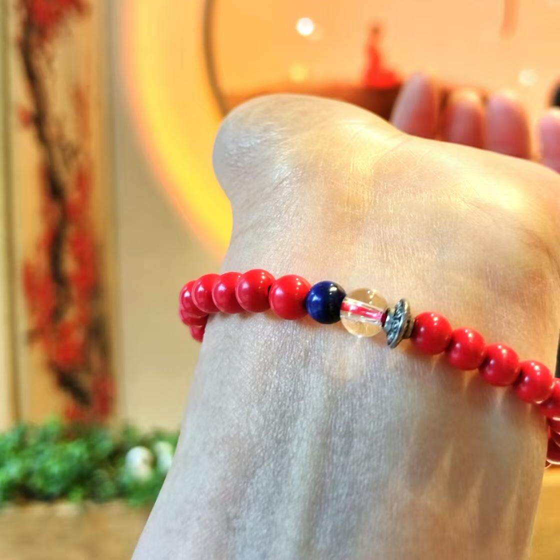 皆婵®【莲祺】原创设计天然朱砂青金石白水晶S925银单圈手链