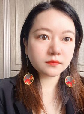 国朝原创刺绣耳环花寄红色双面绣刺绣925银耳环原创设计成品包邮