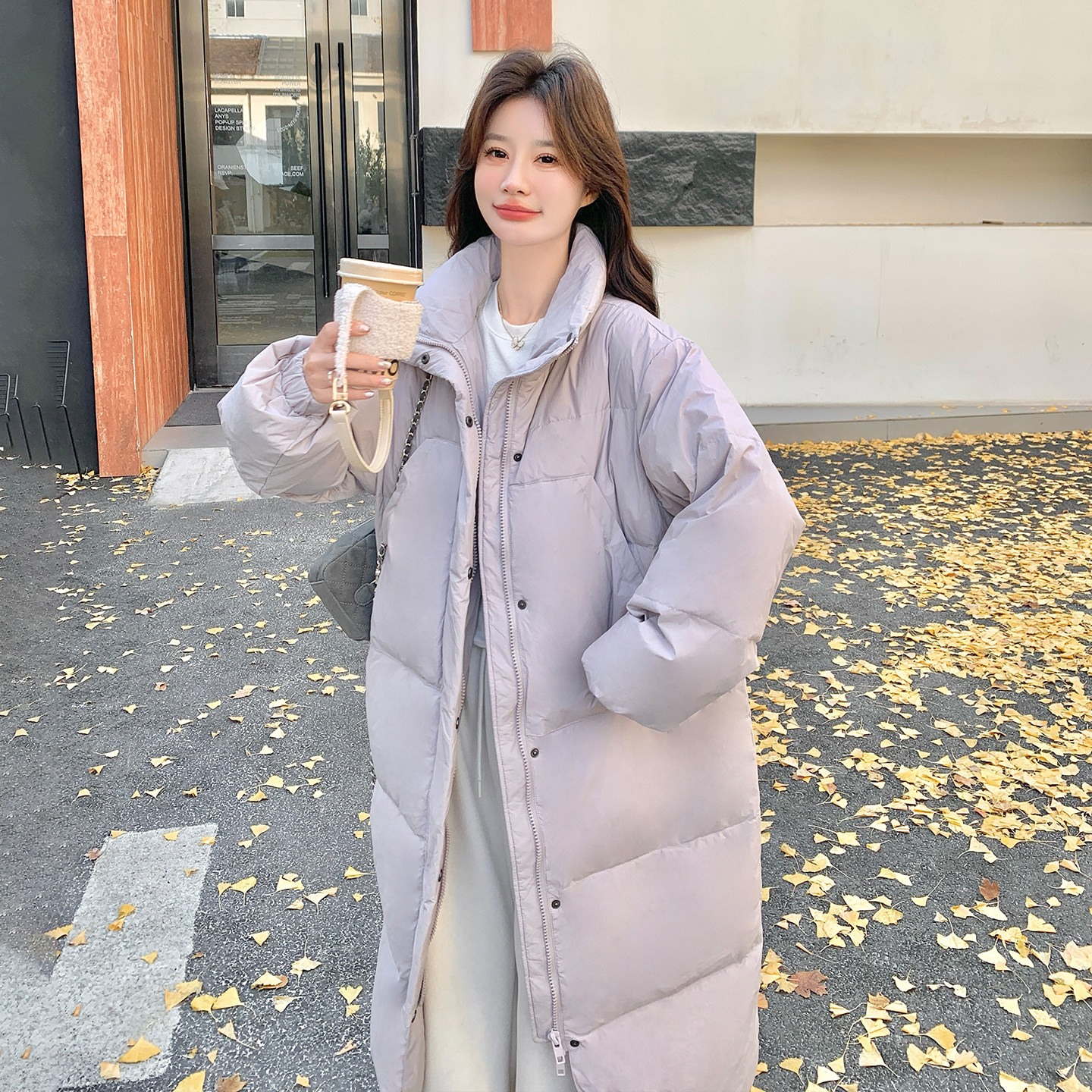 超好看紫色长款羽绒服女2025年冬季新款韩系宽松立领白鸭绒面包服,女装羽绒服,2D120
