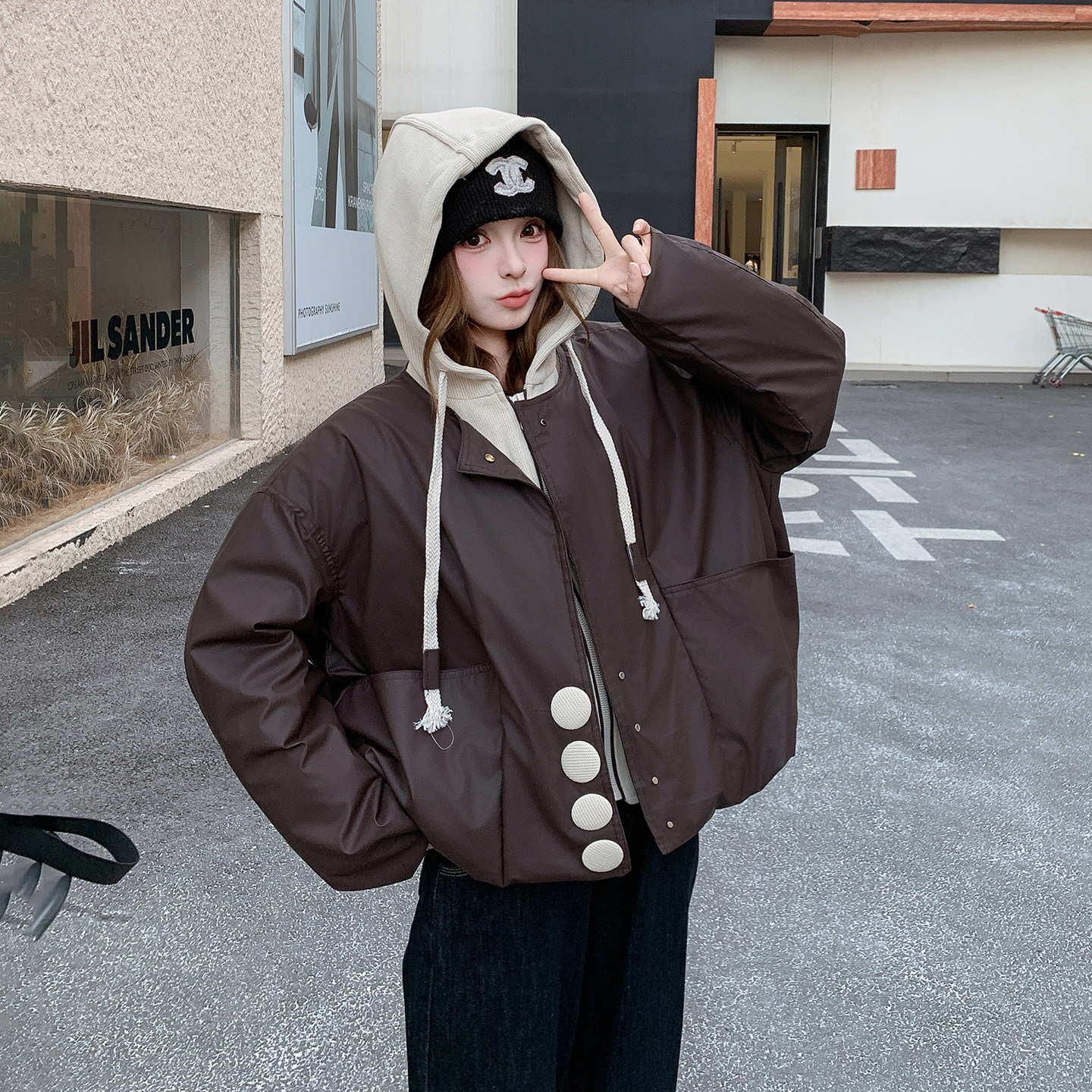 美拉德假两件咖色连帽羽绒服女冬新款超火好看高级小众加厚短外套,女装羽绒服,2D120