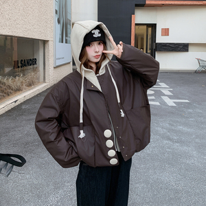 美拉德假两件咖色连帽羽绒服女冬新款超火好看高级小众加厚短外套图片