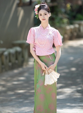 沙芭利 粉紫色新中式国风傣族服装 现代改良款民族风套装
