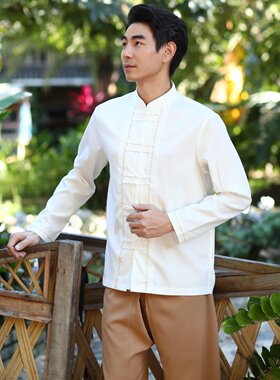 沙芭利东南亚民族风傣族男装日常休闲款男士白咖色刺绣大裤头套装
