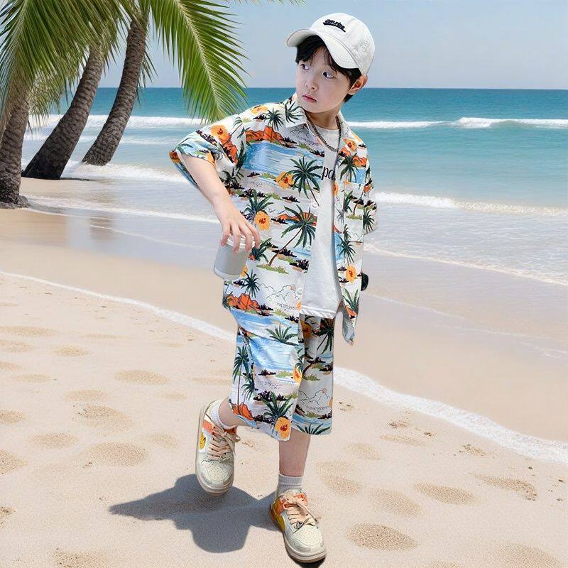 男童夏季出游渡假海滩树