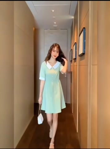 绿色娃娃领连衣裙女2022年新款夏学生裙收腰修身短裙小个子温柔风