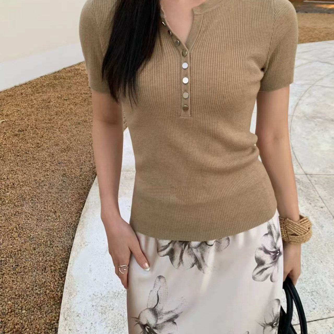 气质修身显瘦短袖针织衫女