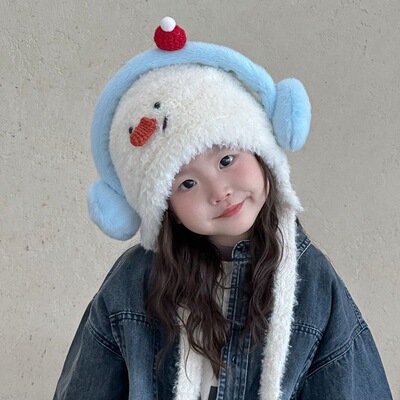 -3 POINT%--3 POI-可爱雪人儿童毛绒帽子女冬季帽子