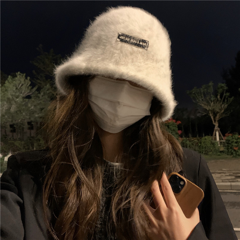 兔毛渔夫帽女秋冬百搭保暖大头围盆帽白色素颜毛绒水桶帽子