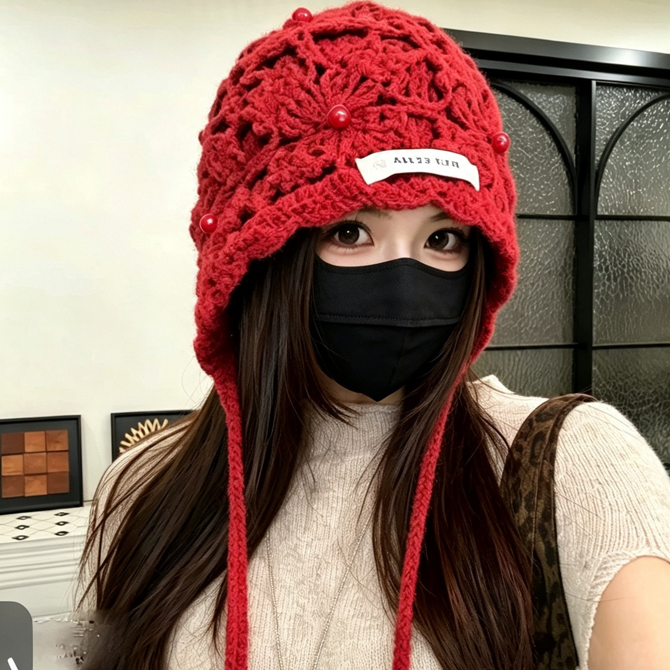 复古编织镂空流苏花朵包头帽女新疆川西旅游套头帽显脸小头巾红色