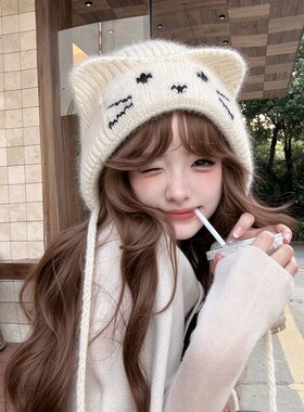 大头围毛线帽显脸小包头帽秋天帽子女洋气美式护耳针织帽黑色冷帽