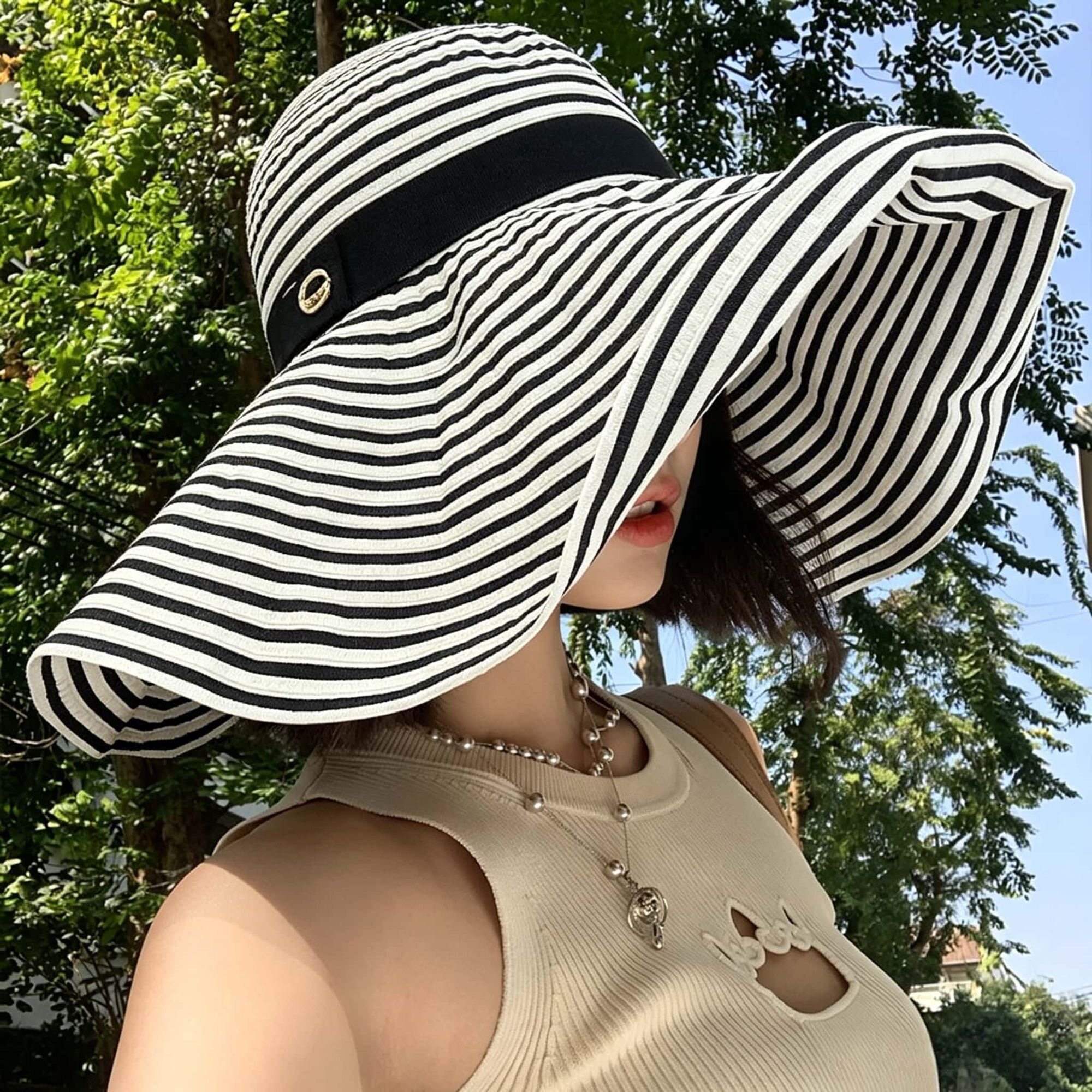 帽檐拼色条纹遮阳帽子女夏季户外防紫外线遮全脸防晒太阳帽潮