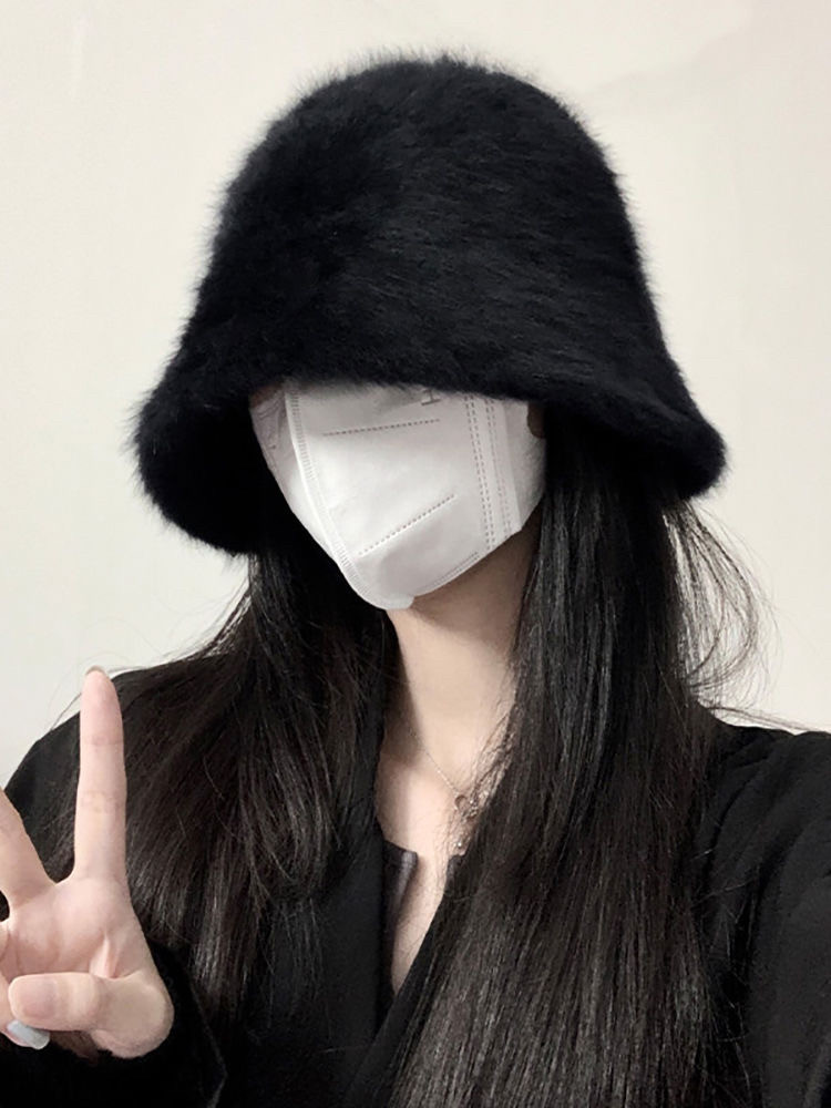 兔毛渔夫帽女秋冬季女士大头围毛绒水桶高级感显脸小白色帽子女款