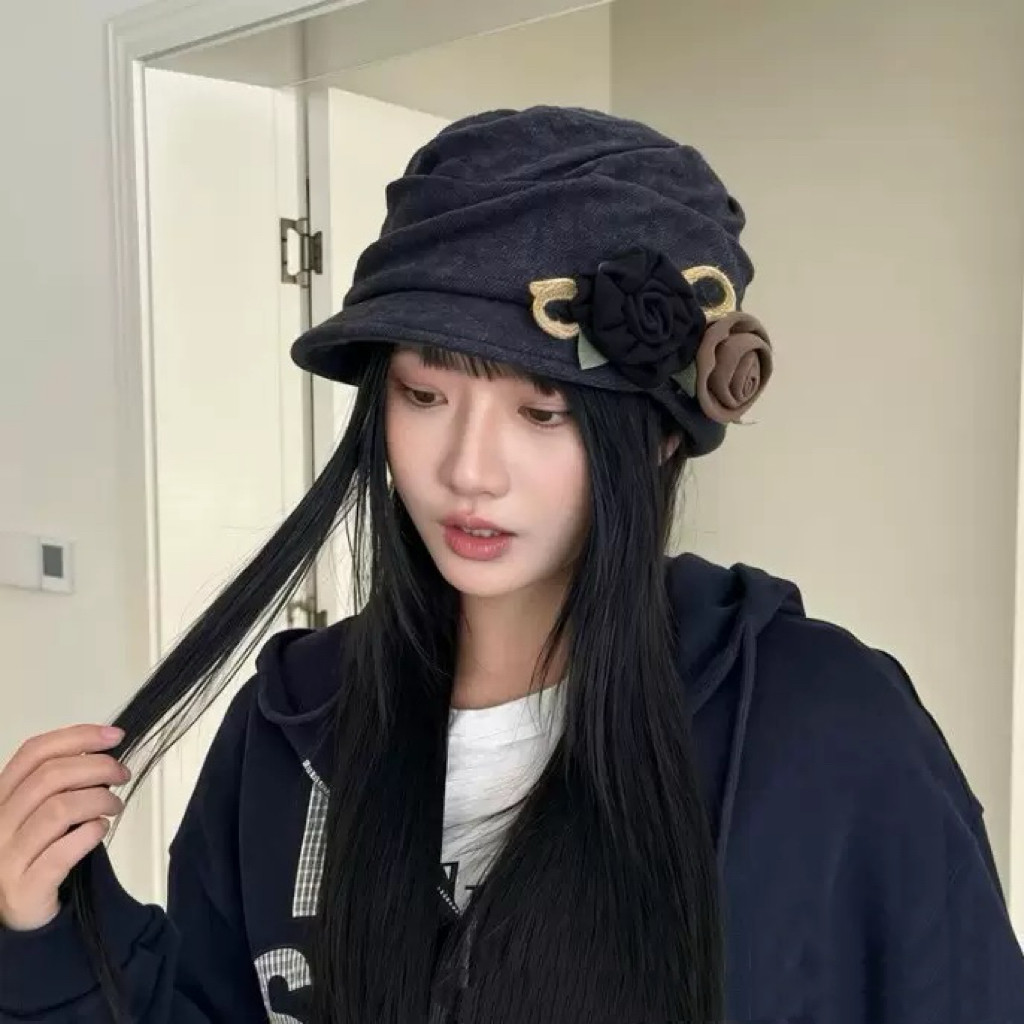 日系复古褶皱花朵钢丝贝雷帽女春夏防晒棉麻透气显脸小画家帽子潮