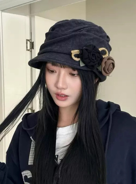 日系复古褶皱花朵钢丝贝雷帽女春夏防晒棉麻透气显脸小画家帽子潮