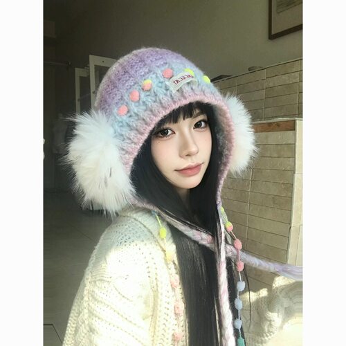复古混彩渐变手工针织毛绒帽子女冬季韩版百搭加厚流苏套头护耳帽