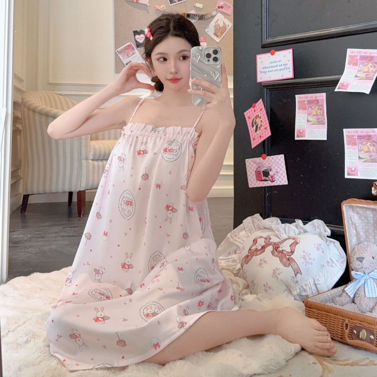 日系甜美风可爱卡通小兔吊带睡裙