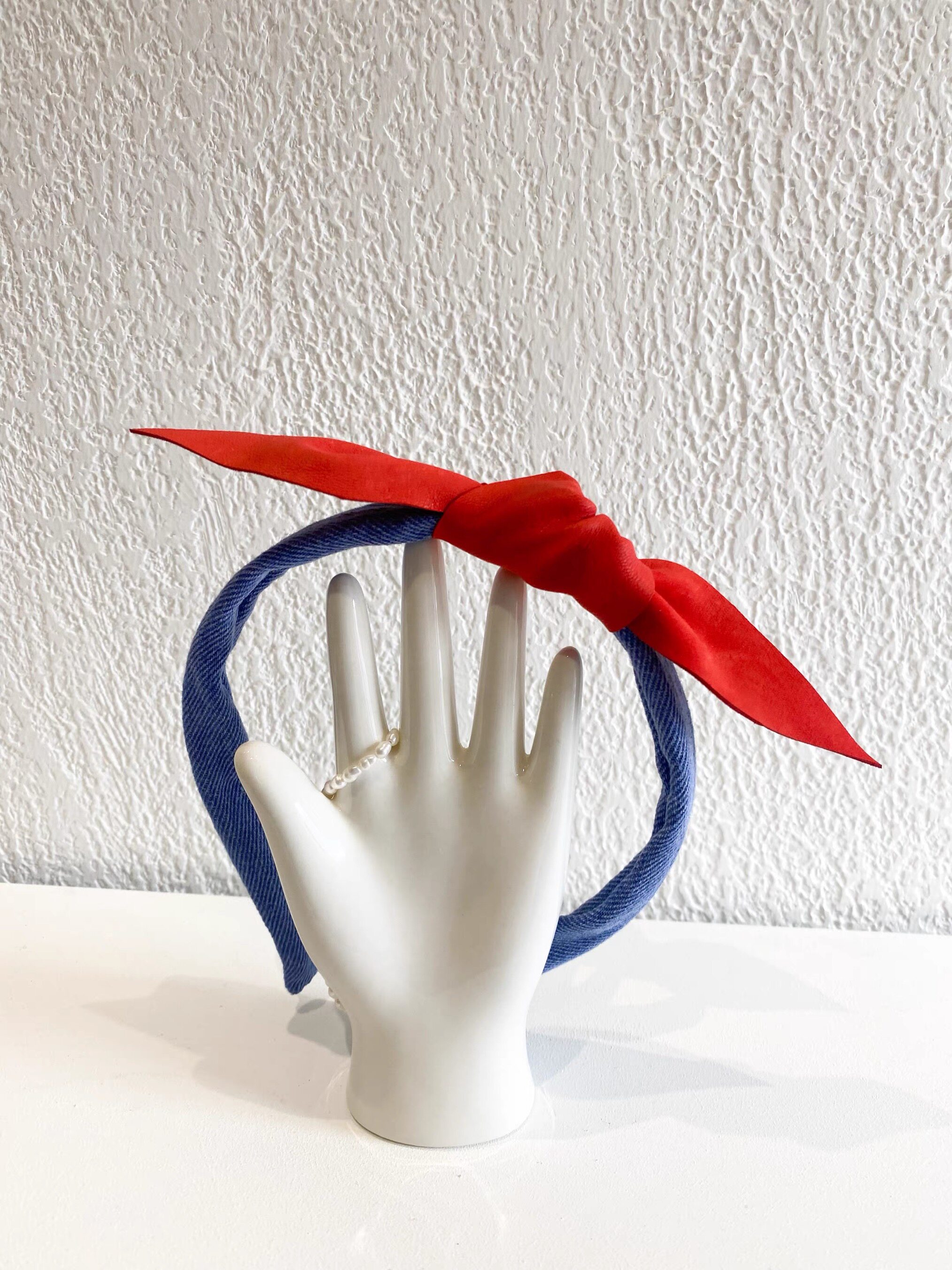 小众设计师款真皮蕃茄红小羊皮蝴蝶结配牛仔发箍头箍气质单品