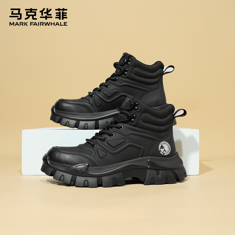 马克华菲复古户外工装黑色男靴子