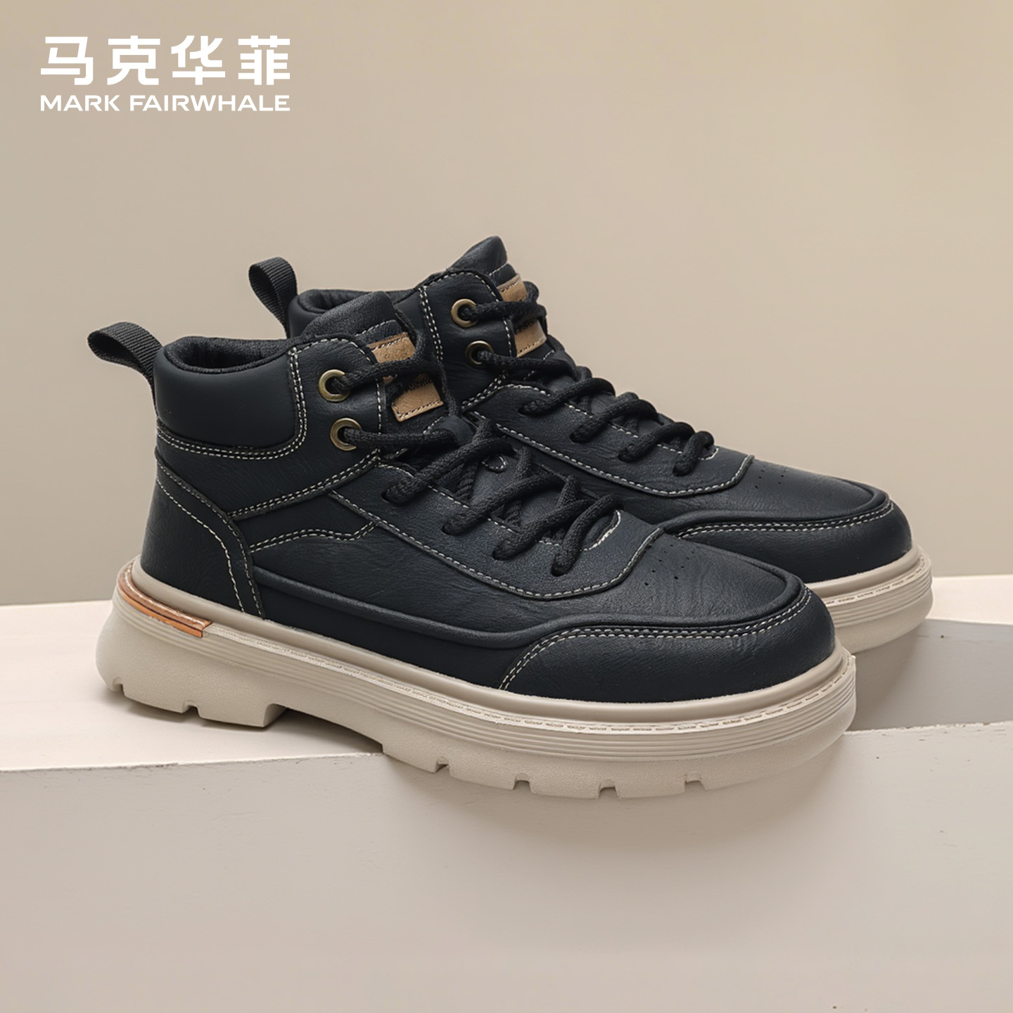 马克华菲冬季新款厚底工装靴皮鞋