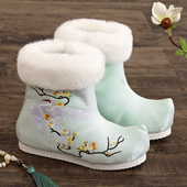 过冬保暖加长绒刺绣短筒毛口翘头靴子汉服搭配马面裙内增高女布鞋