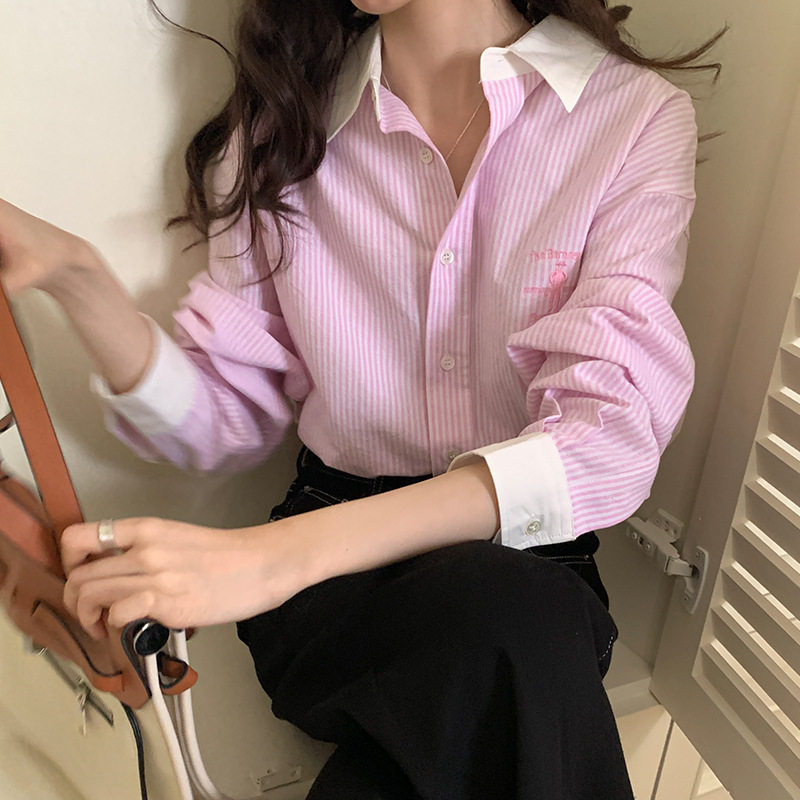 薇颂 十三行新品刺绣条纹衬衫女装秋季韩版休闲百搭粉色衬衣上衣