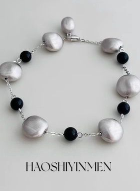 设计师高定款S925通体纯银拉丝镀白金黑玛瑙串珠手链小众银球手链