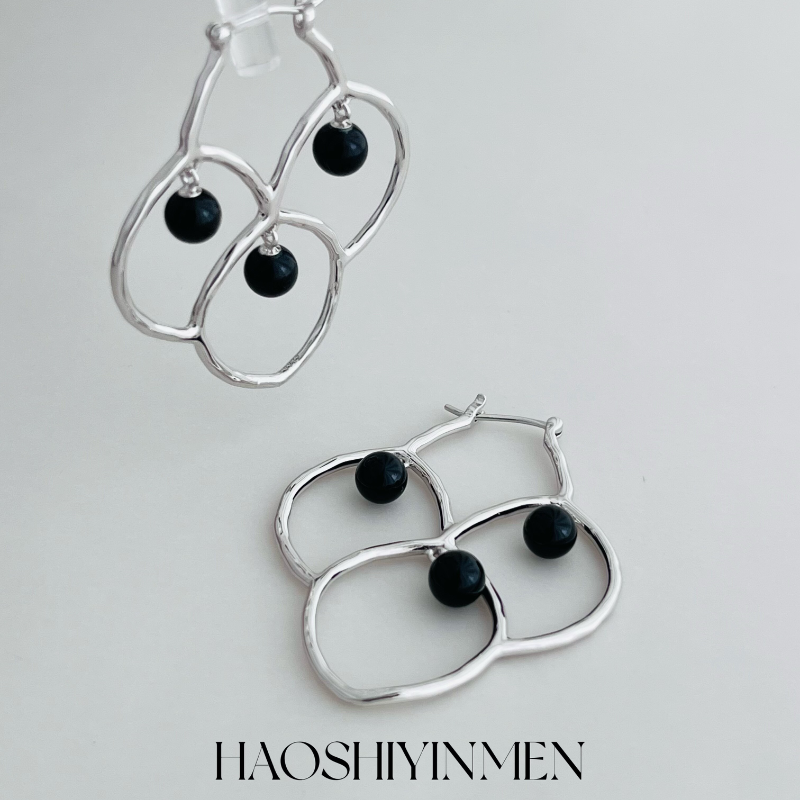 设计师款S925纯银镀铑金不规则圆环黑玛瑙耳环小众个性冷淡风耳饰