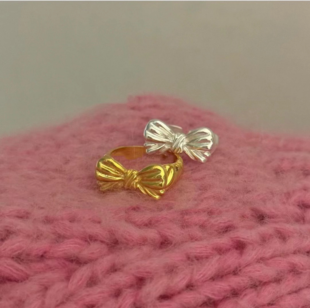 东大门S925通体纯银蝴蝶结重工开口戒指