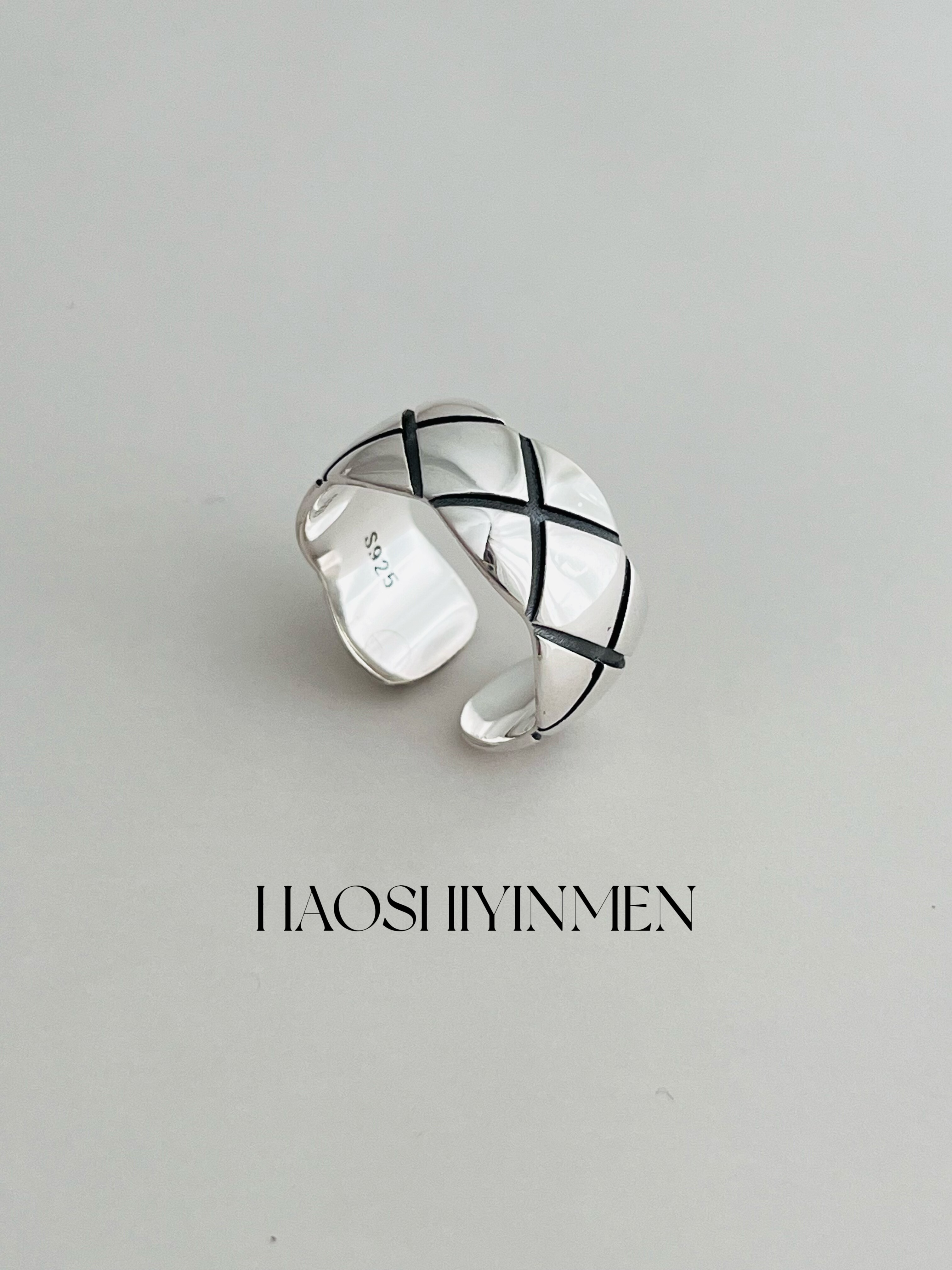 韩国东大门S925纯银菱形格纹戒指女小众设计感叠戴食指指环