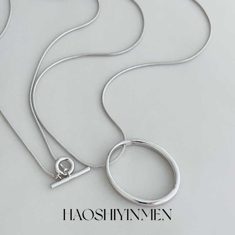 设计师款S925纯银镀铑金圆环蛇骨项链毛衣链小众个性冷淡风毛衣链